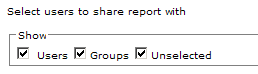 Showing users and groups in the Share Reports dialog box.