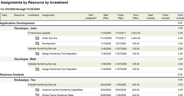 Screen shot of the Assignments by Resource by Investment system report.