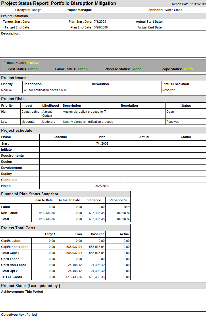 Screen shot of the Project Status Report system report.