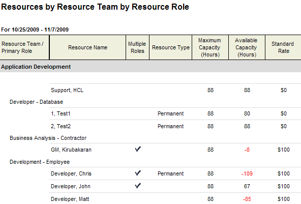 Screen shot of the Resources by Resource Team system report.