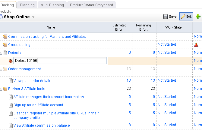 A configured backlog as it appears in the Planning module.