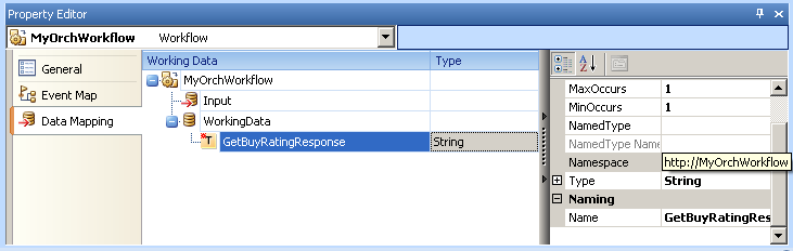 Data Mapping tab of MyOrchWorkflow orchestration workflow Property Editor