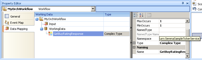 Data Mapping tab of MyOrchWorkflow orchestration workflow Property Editor