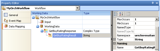 Data Mapping tab of MyOrchWorkflow orchestration workflow Property Editor