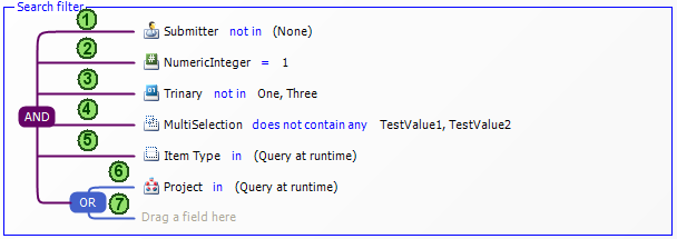 combining results between 1 and 2 and 3 and 4 and 5 and (6 or 7)